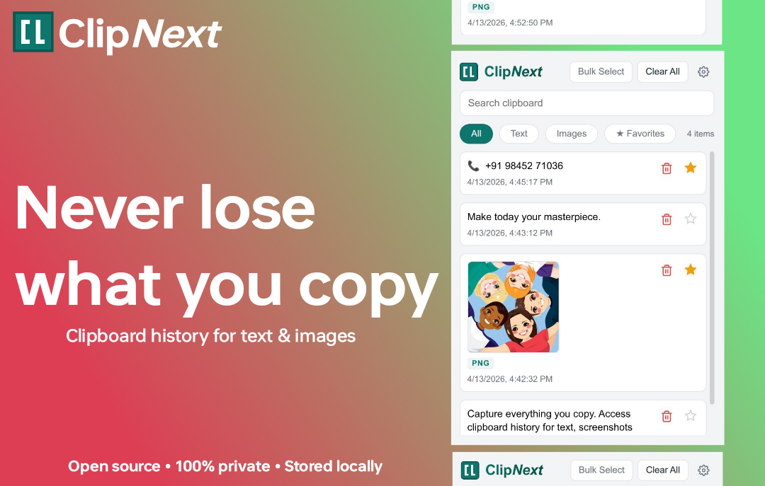 ClipNext UI showing saved clipboard items