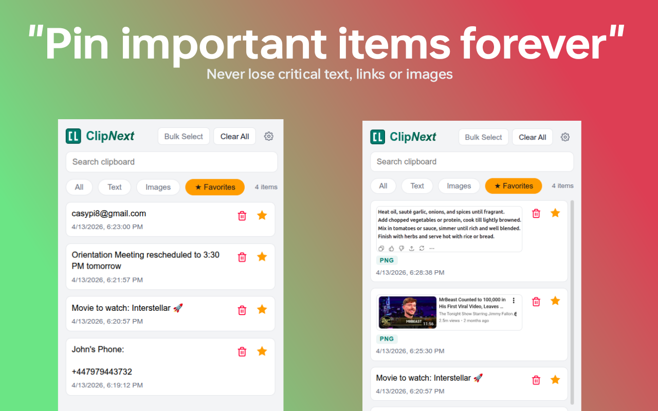 Clipboard history list